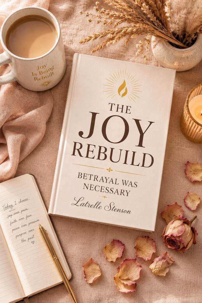 The Joy Rebuild book styled with journal and coffee